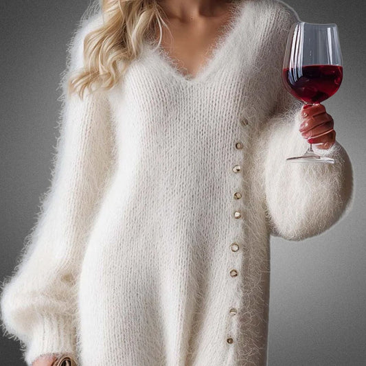 Women's Fluffy Maxi Jumper Dress with V Neck and Button Side Slit