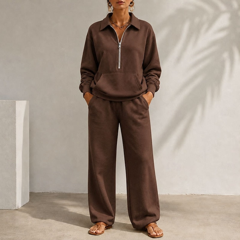Women's Half Zip Top and Wide Leg Trouser Lounge Co Ord Set