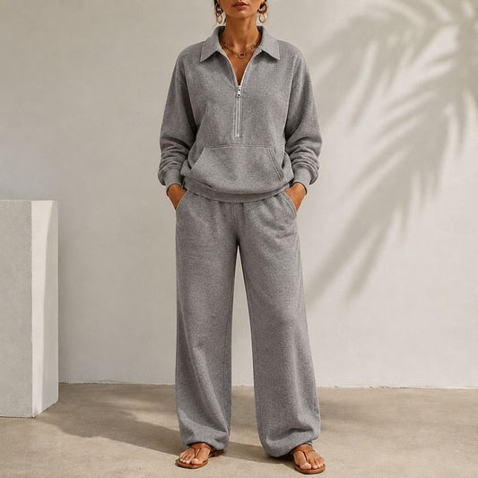 Women's Half Zip Top and Wide Leg Trouser Lounge Co Ord Set