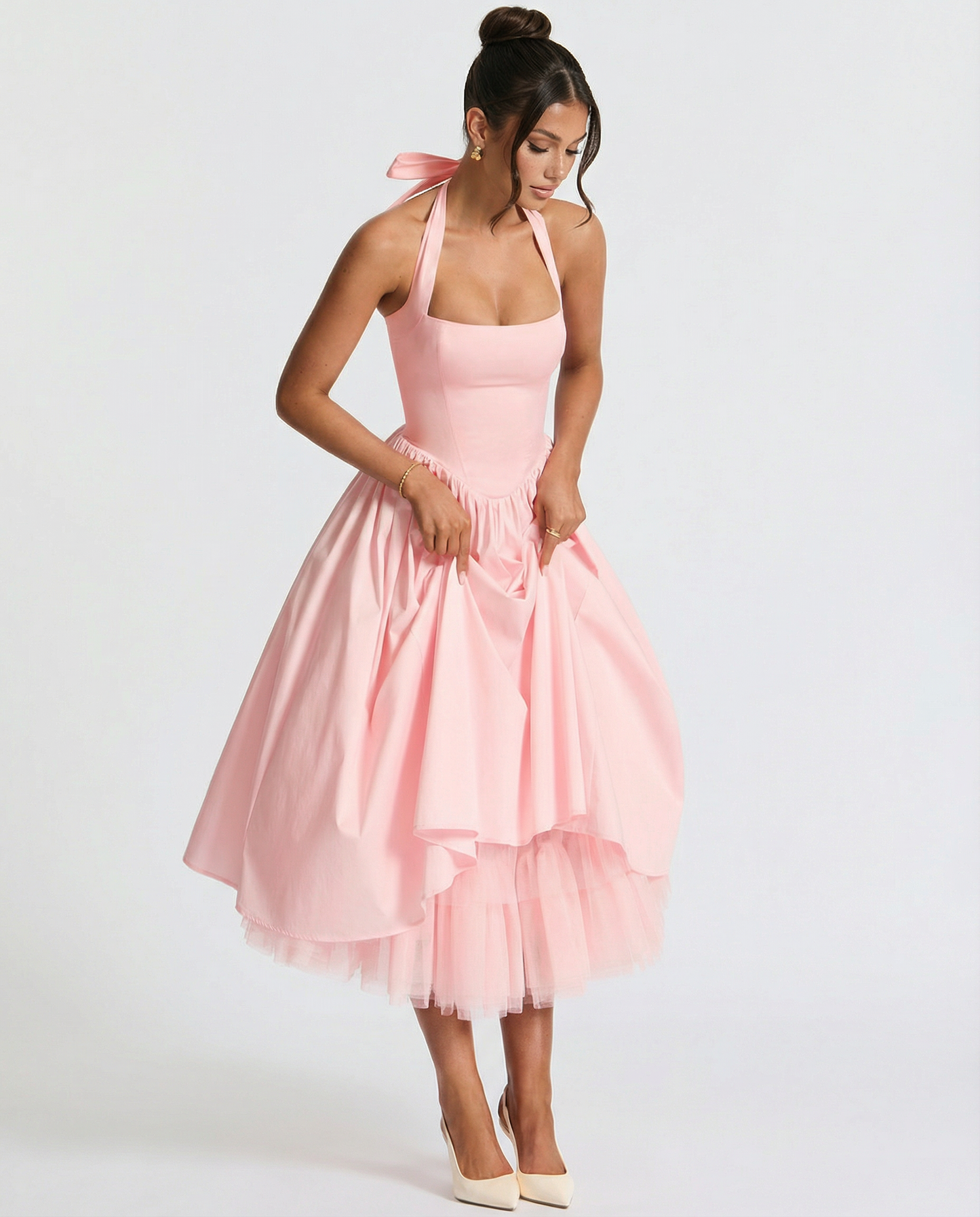 Women's Halter Neck Lace-Up Back Midi Dress