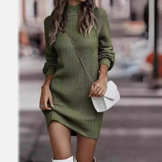Women's High Neck Knitted Jumper Dress with Long Sleeves