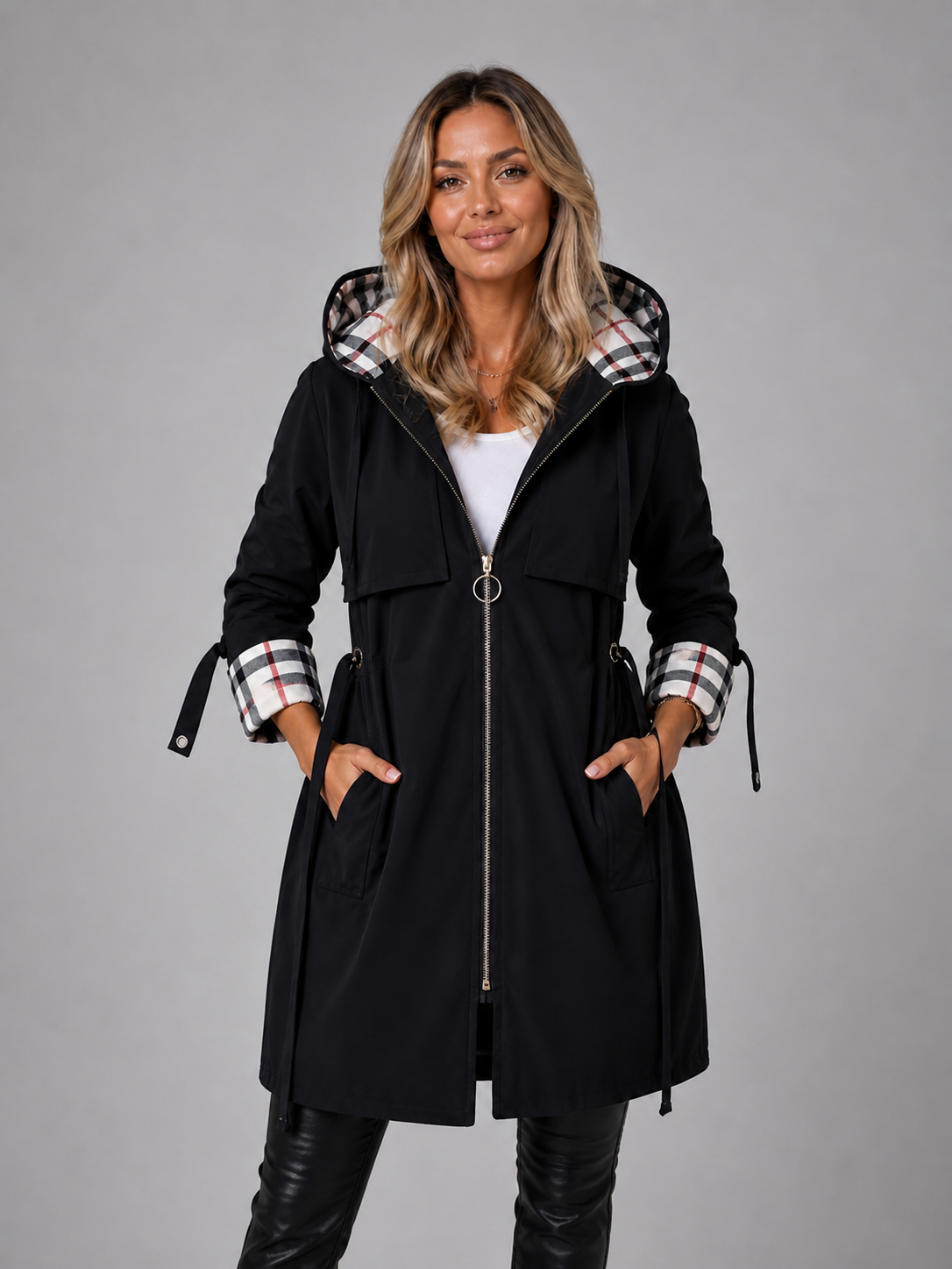 Women's Hooded Longline Raincoat with Adjustable Waist