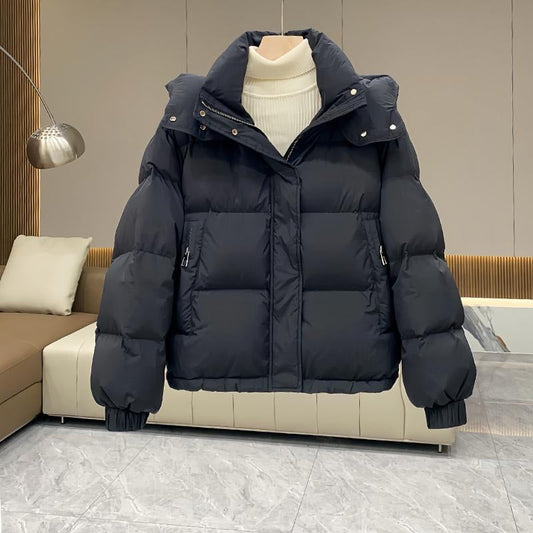 Women's Hooded Puffer Jacket With High Neck Collar