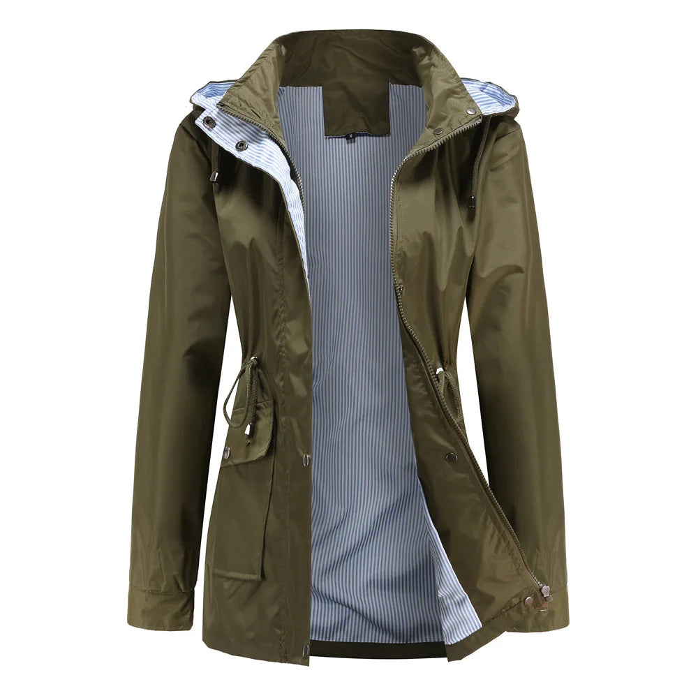 Women's Hooded Waterproof Rain Jacket with Drawstring Waist