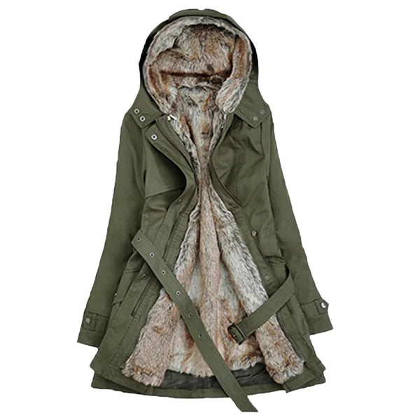 Women's Hooded Winter Coat with Faux Fur Trim and Zip Front