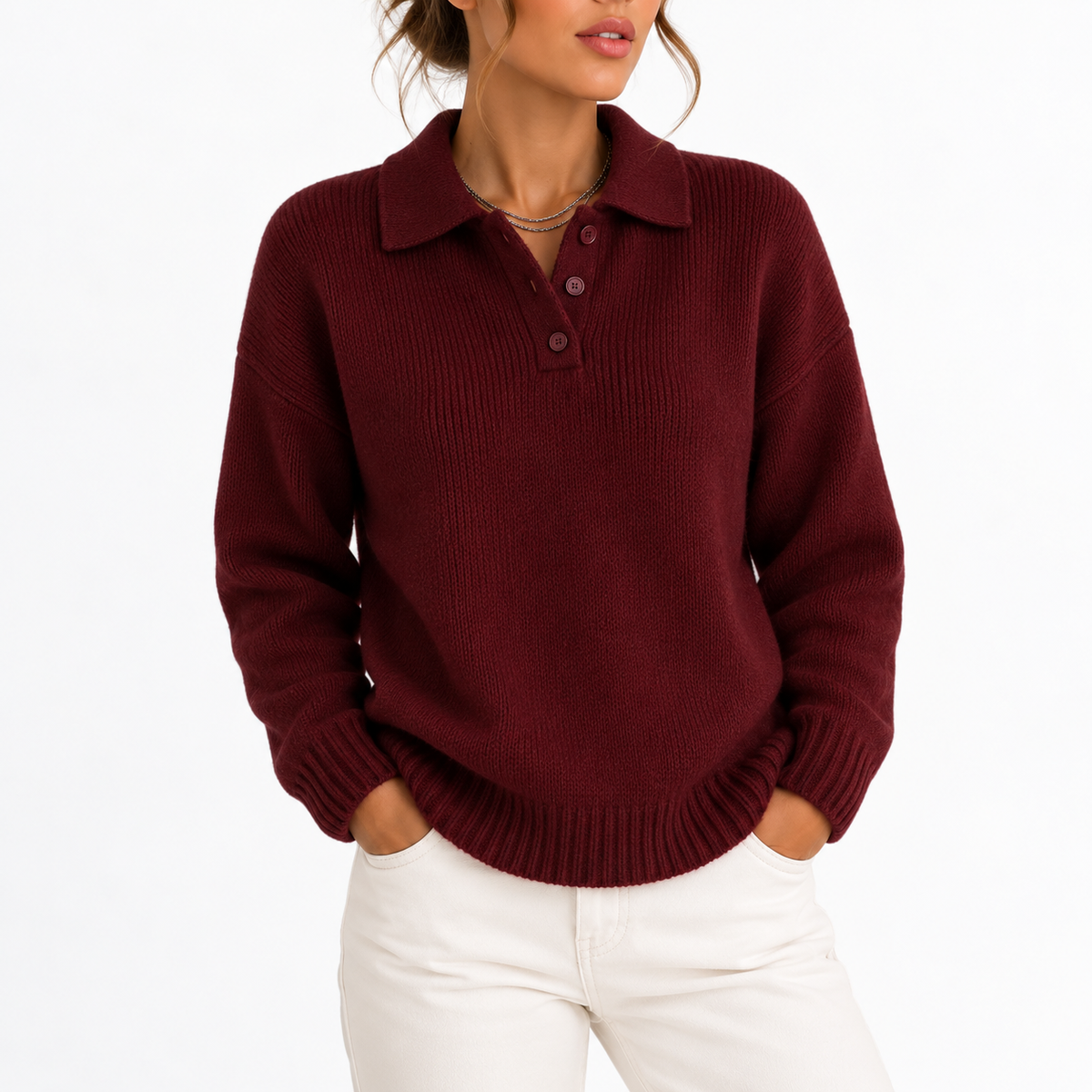 Women's Knit Polo Collar Jumper with Button Placket