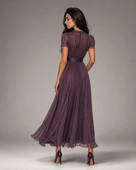 Women's purple lace trim maxi dress back view by ILYNORA