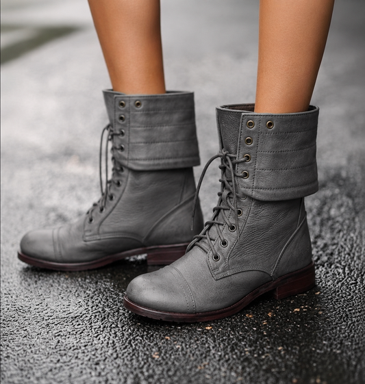 Women's Lace Up Combat Boots with Fold Over Cuff and Block Heel