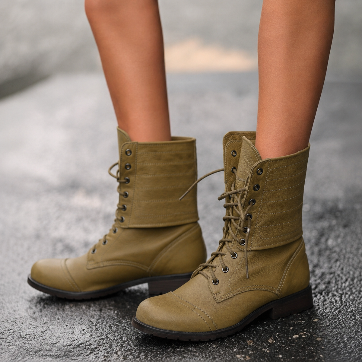 Women's Lace Up Combat Boots with Fold Over Cuff and Block Heel