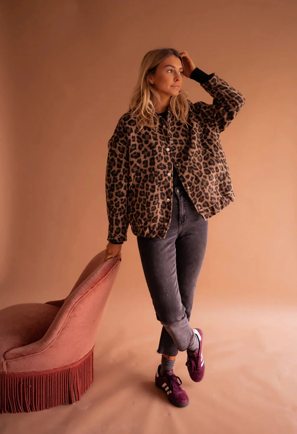 Women's Leopard Print Bomber Jacket With Snap Button Front