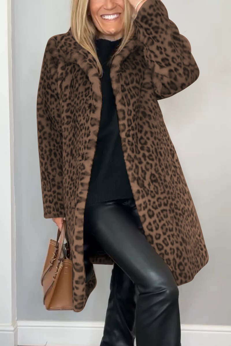 Women's Leopard Print Faux Fur Winter Coat with Shawl Collar