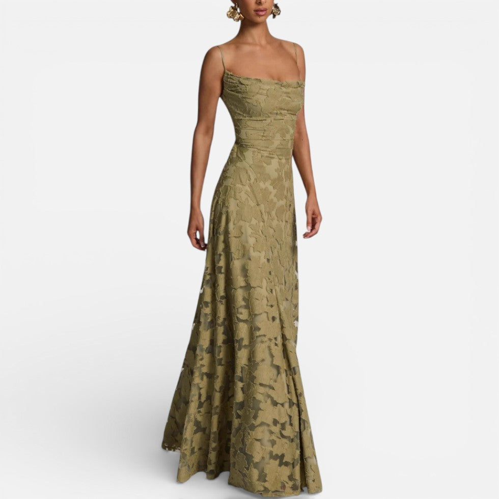 Women's Long Lace Evening Dress with Spaghetti Straps
