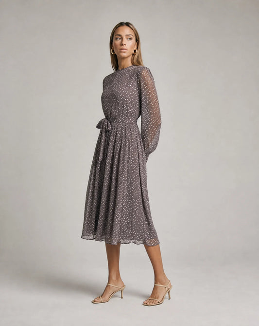Women's grey polka dot midi dress with sheer sleeves and feminine waist tie by ILYNORA