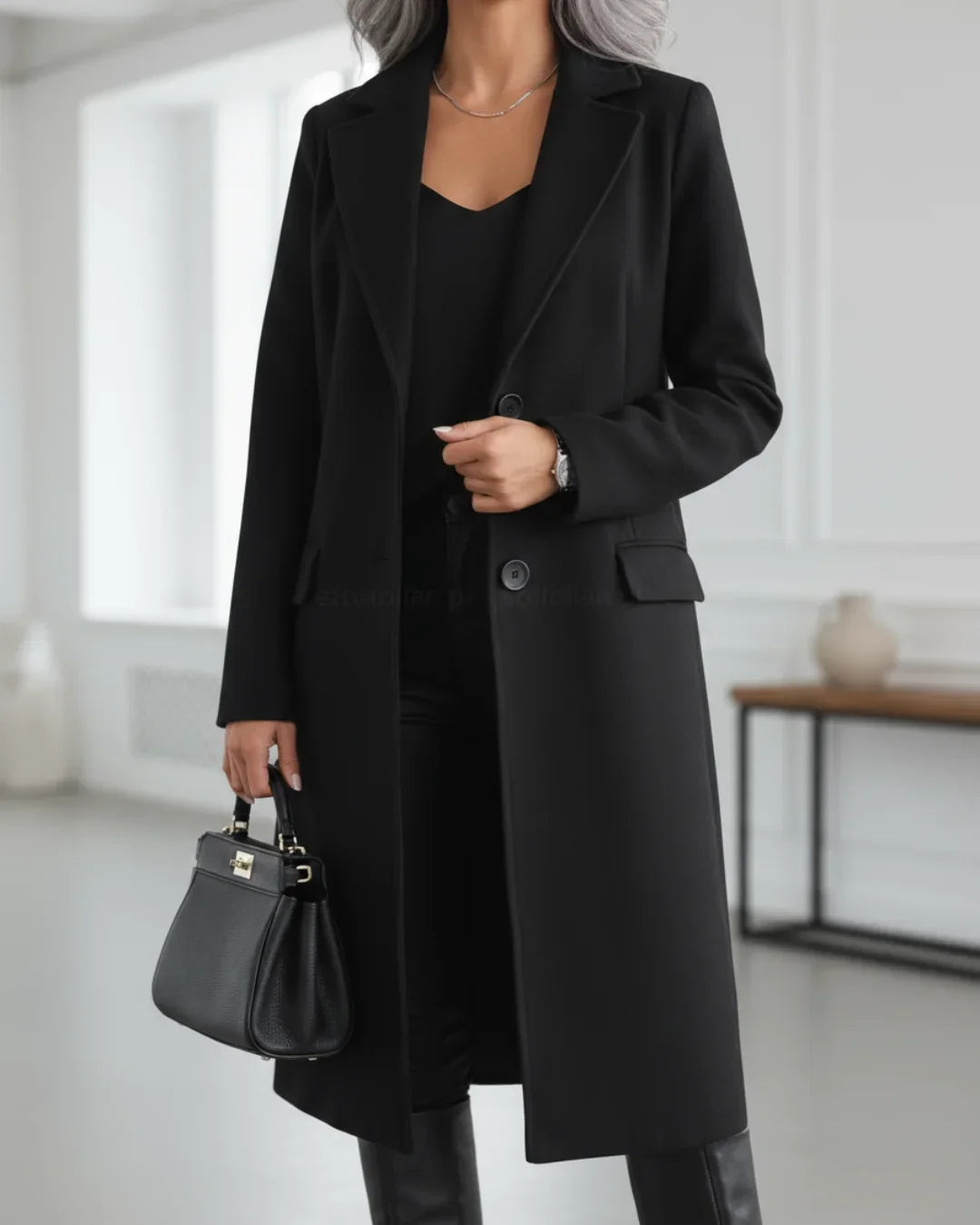 Women's Long Tailored Wool Coat with Notched Lapel