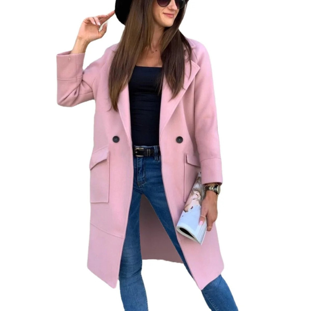 Women's Long Wool Blend Coat with Button Front and Patch Pockets