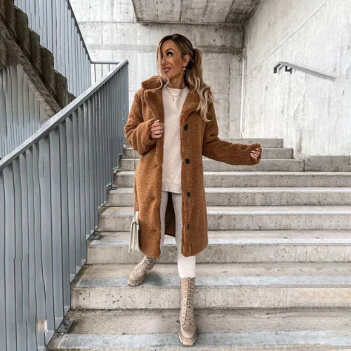 Women's Longline Teddy Bear Coat with Notched Collar