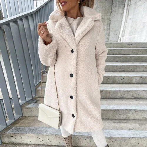Women's Longline Teddy Bear Coat with Notched Collar