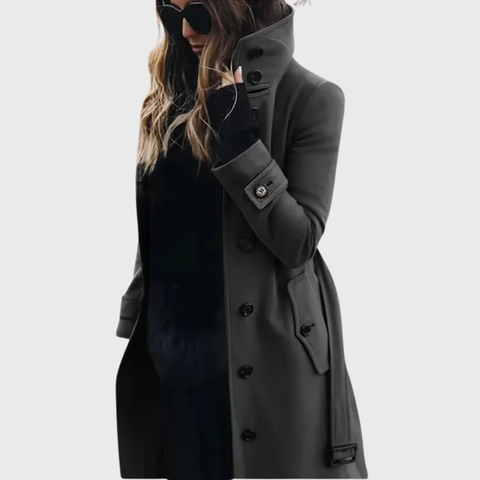 Women's Longline Winter Coat with Stand Collar and Cuff Straps