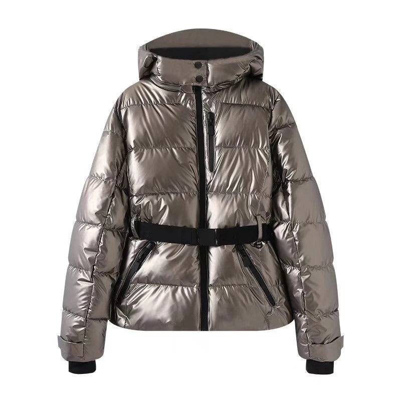 Women's Metallic Belted Hooded Ski Jacket