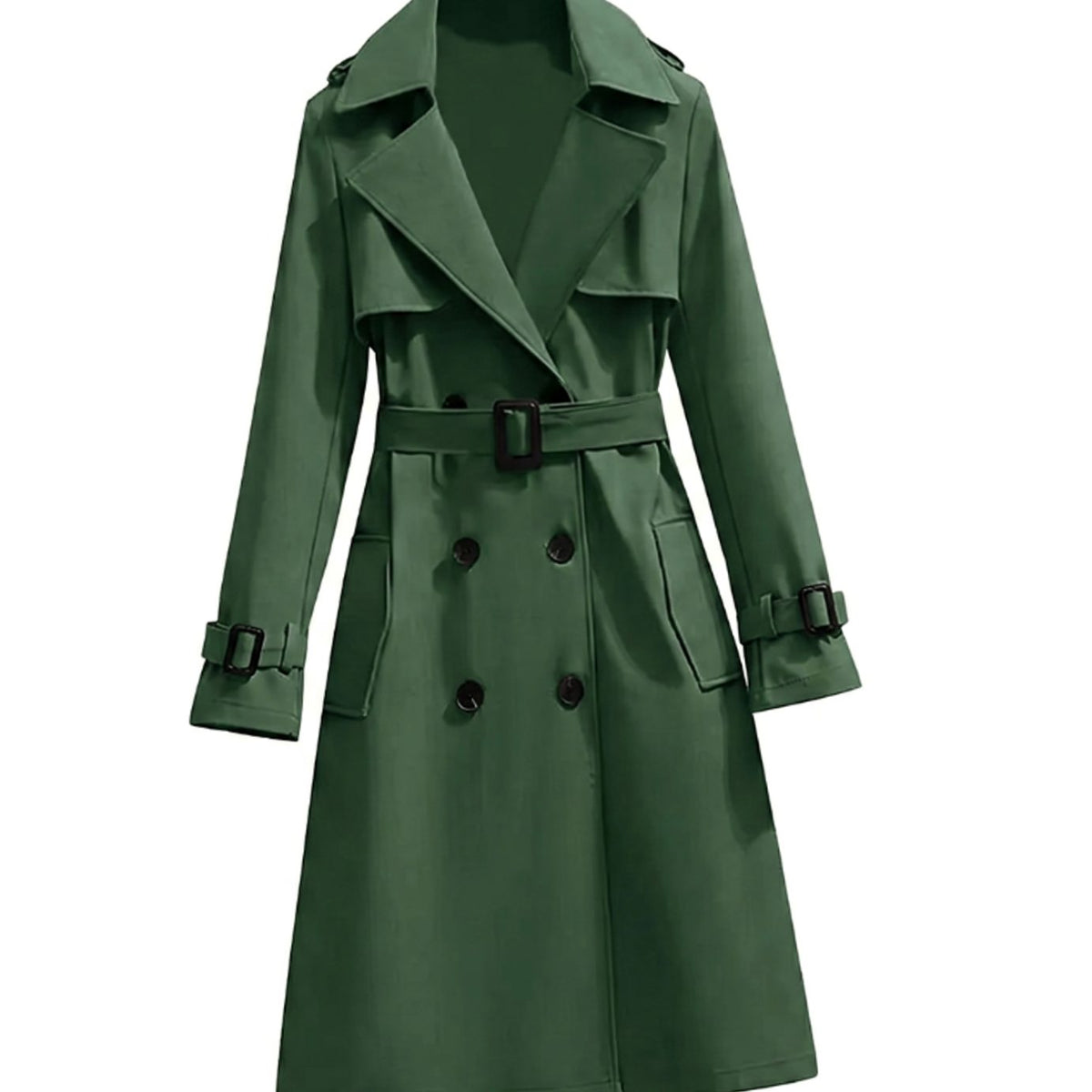 Women's Olive Green Longline Double Breasted Winter Coat with Notch Lapel