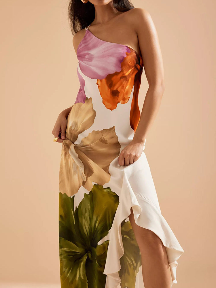Women's One Shoulder Floral Asymmetric Maxi Dress