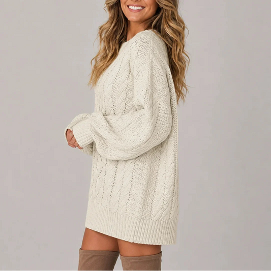 Women's Oversized Cable Knit Mini Jumper Dress with Long Sleeves