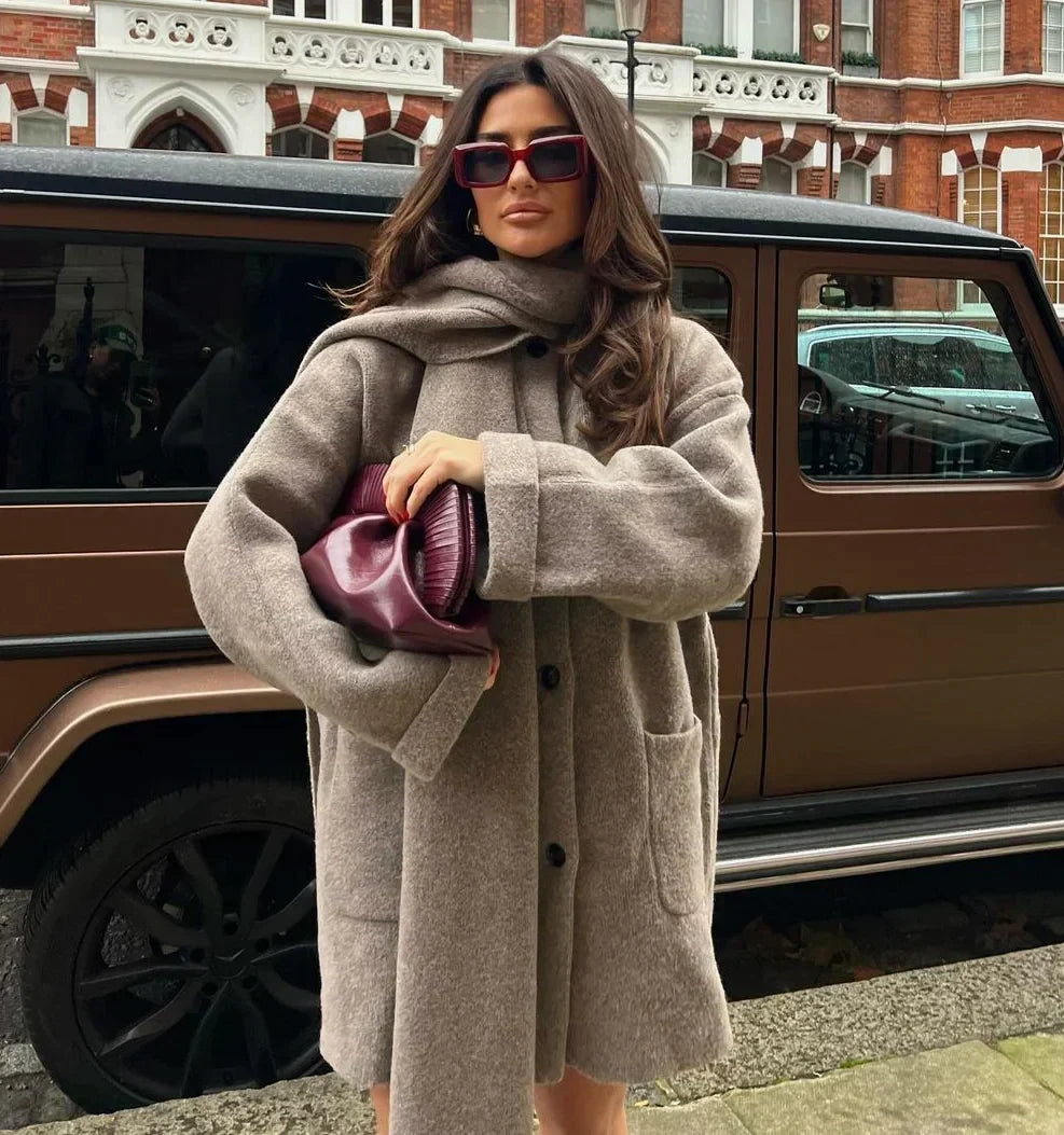 Women's Oversized Wool Blend Scarf Collar Coat