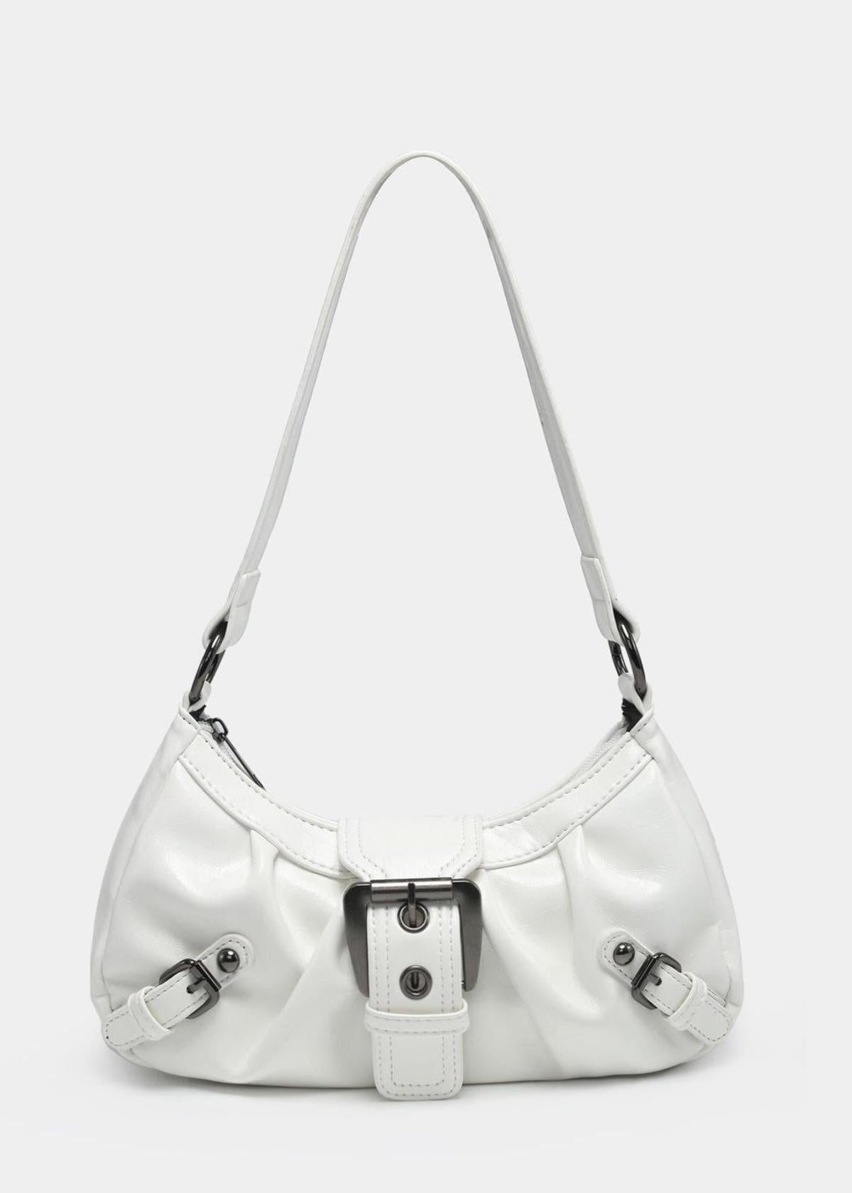 Women's Patent Leather Shoulder Bag with Multi-Buckle Front Detail