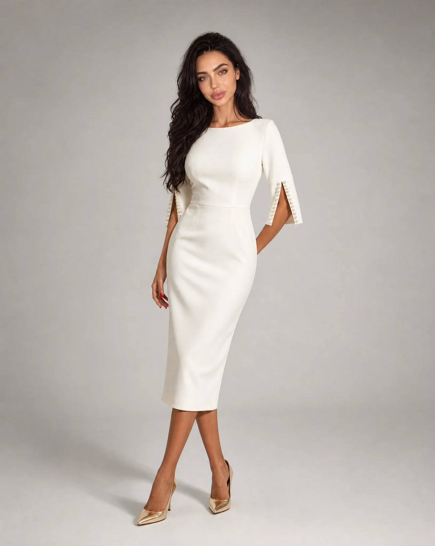 Women's white pearl sleeve midi dress with refined silhouette and sophisticated occasion wear by ILYNORA