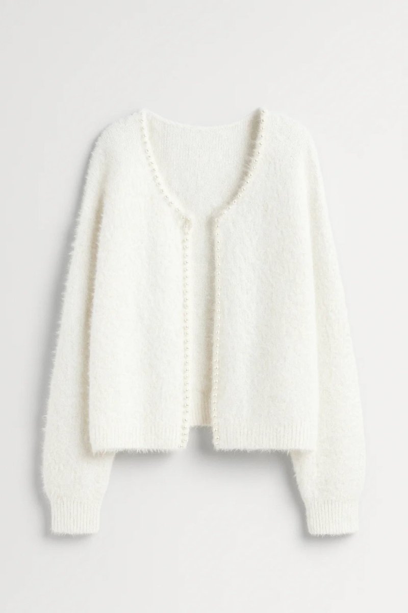 Women's Pearl Trim Fluffy Knit Cardigan