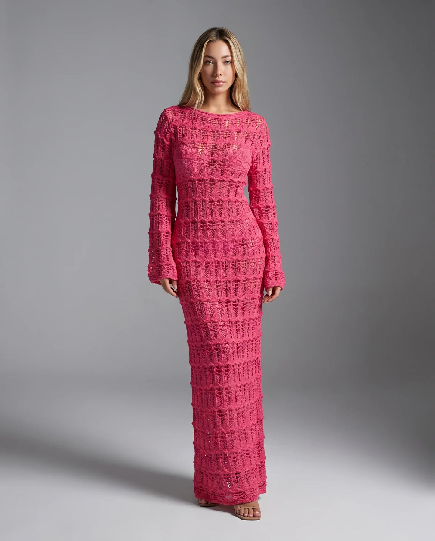 Women's pink crochet maxi cover up dress with long sleeves, button front and semi sheer beachwear style by ILYNORA