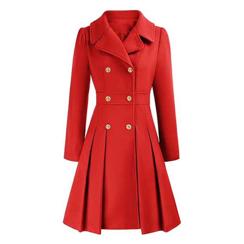 Women's Pleated Double Breasted Skirted Wool Blend Coat