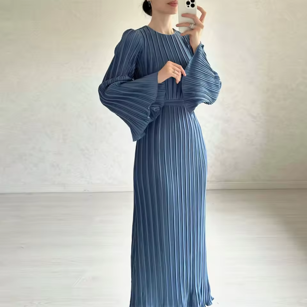 Women's Pleated Flare Sleeve Waist Tie Maxi Dress