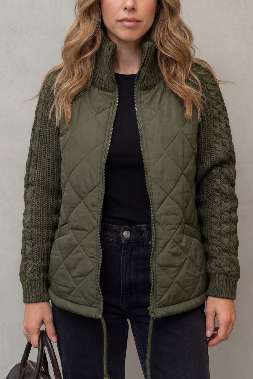 Women's Quilted Hybrid Puffer Cable-Knit Jacket