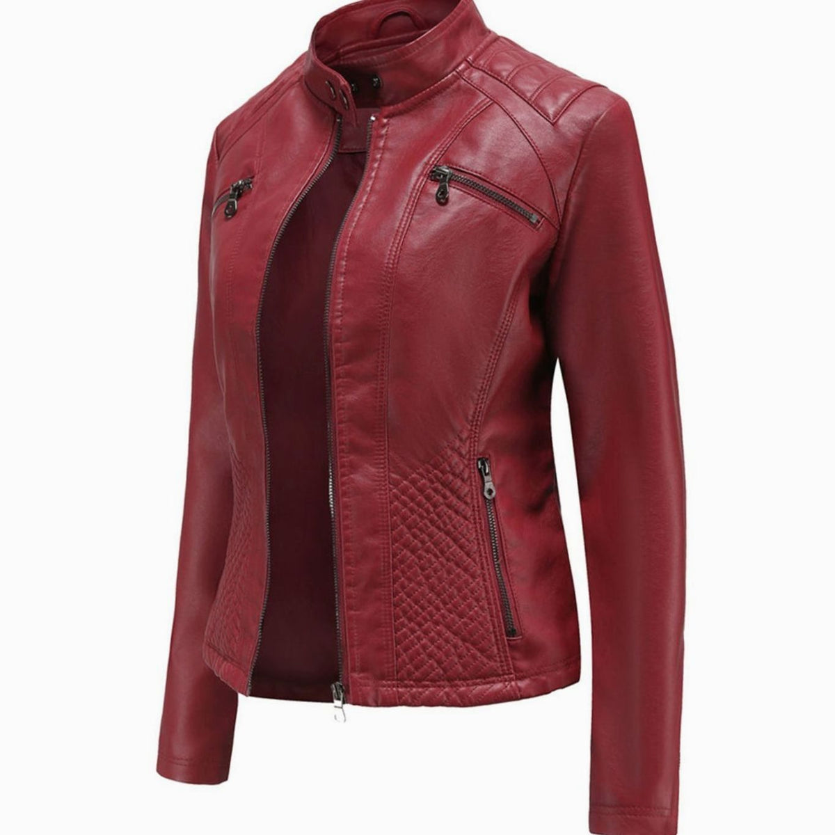 Women's Quilted Leather Jacket with Biker Collar & Zip Front