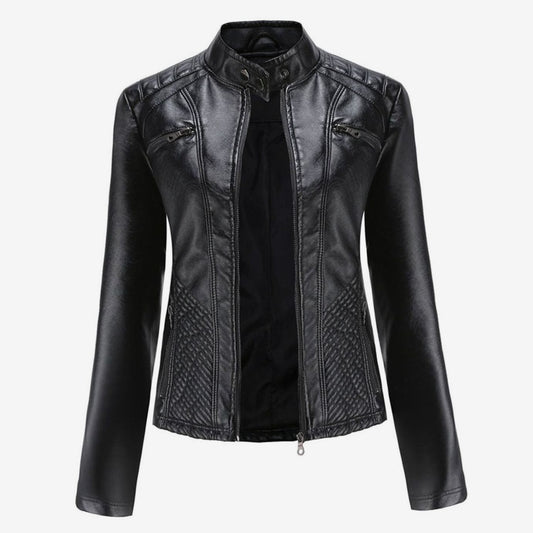 Women's Quilted Leather Jacket with Biker Collar & Zip Front