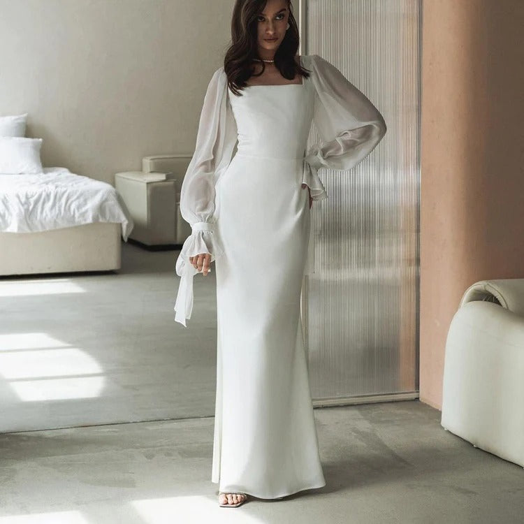 Women's Registry Office Wedding Dress with Long Chiffon Sleeves