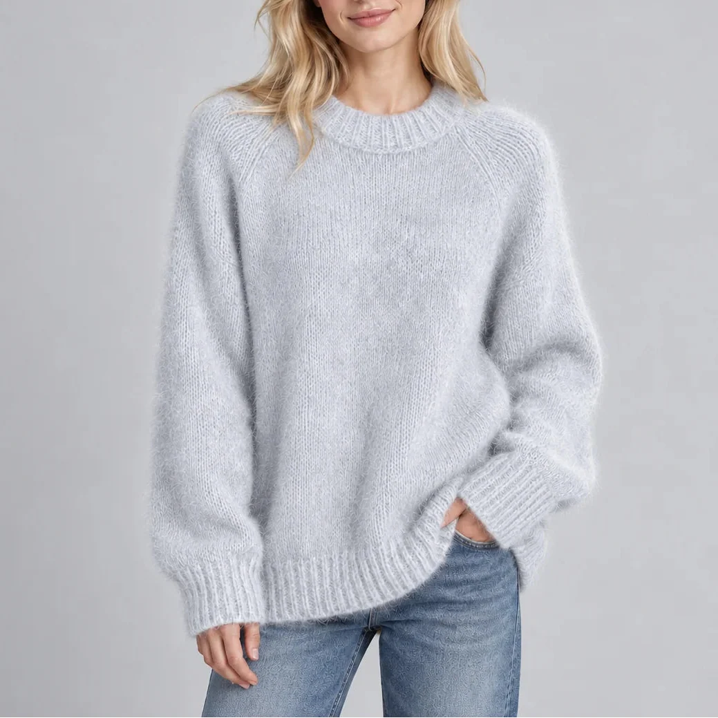 Women's Relaxed Fit Fluffy Crew Neck Knit Jumper