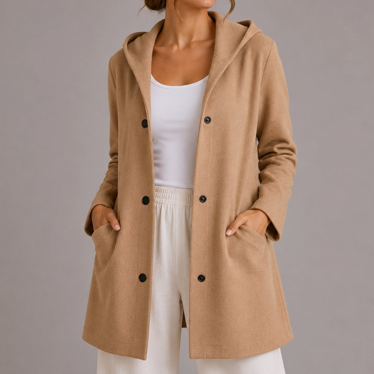 Women's Relaxed Fit Hooded Button Up Knit Cardigan with Pockets