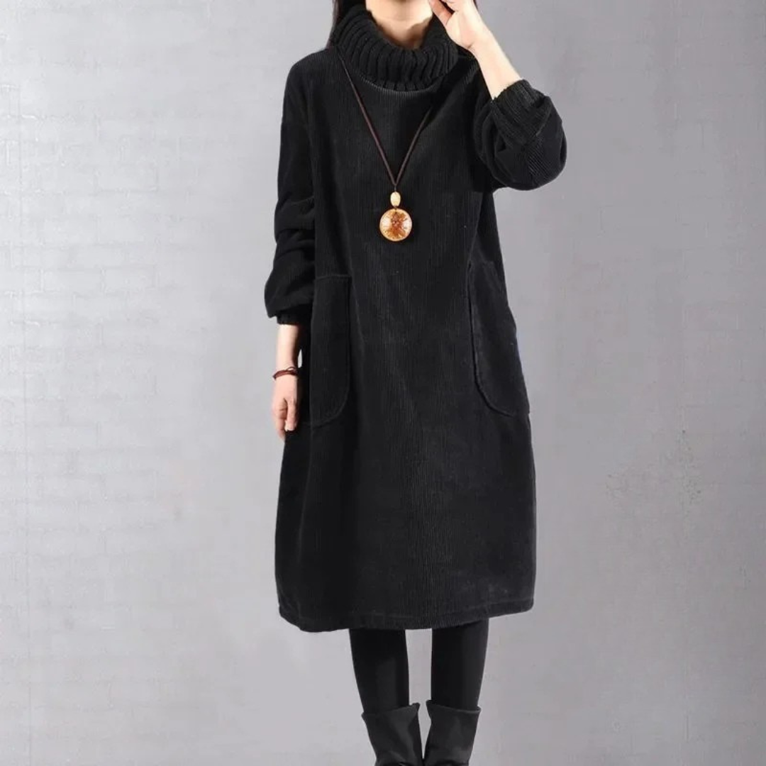 Women's Roll Neck Midi Jumper Dress with Patch Pockets
