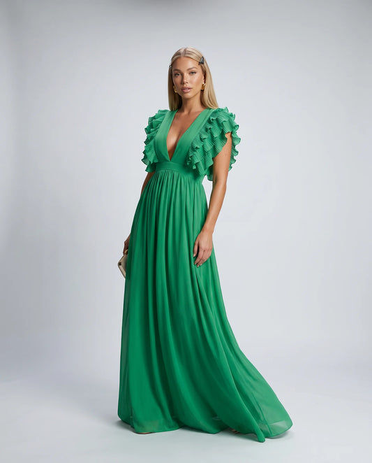 Green ruffle sleeve maxi dress with empire waist and elegant formal occasion styling by ILYNORA