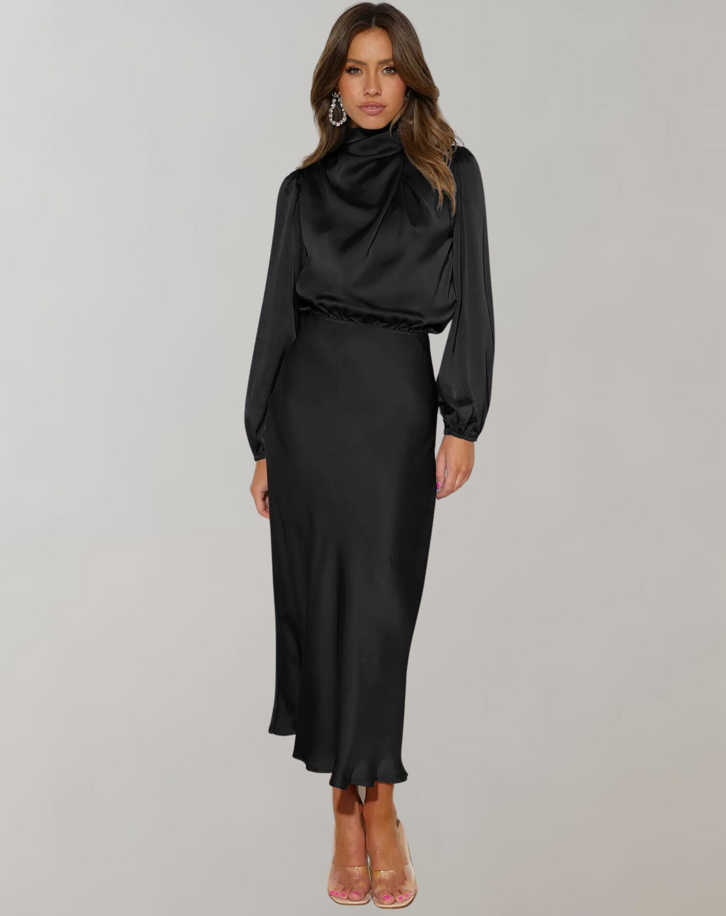 Women's Satin High Neck Midi Dress with Long Sleeves
