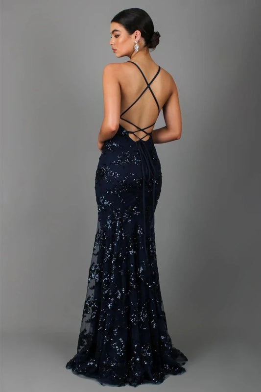 Women's Sequin Embroidered Backless Evening Maxi Dress