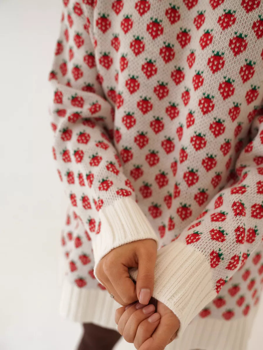 Women's Strawberry Print Knit Crew Neck Jumper