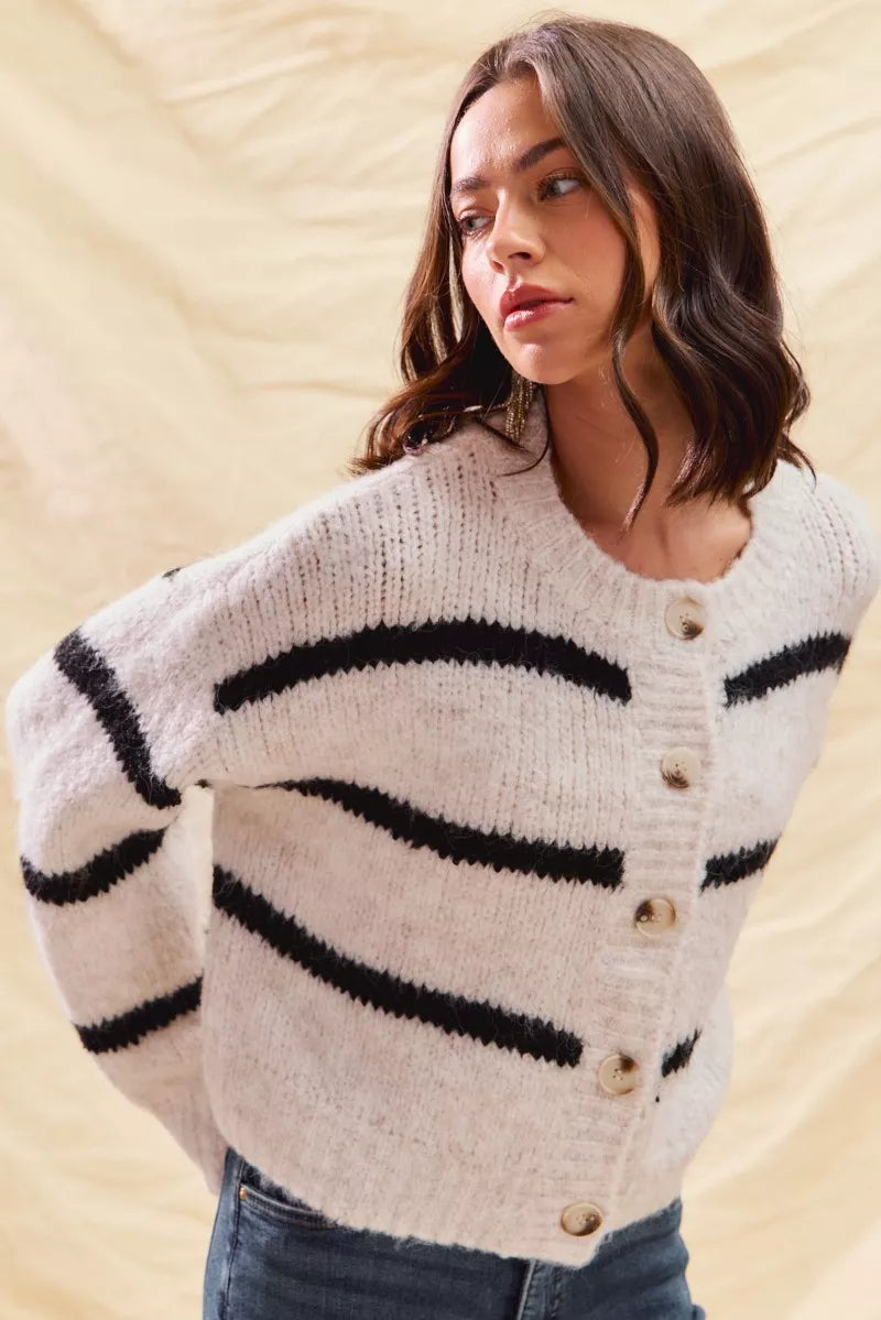 Women's Striped Button-Down Winter Cardigan