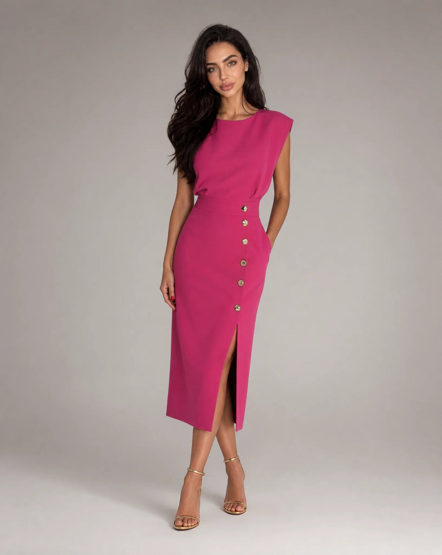 Women's hot pink tailored pencil midi dress with sophisticated fitted design by ILYNORA