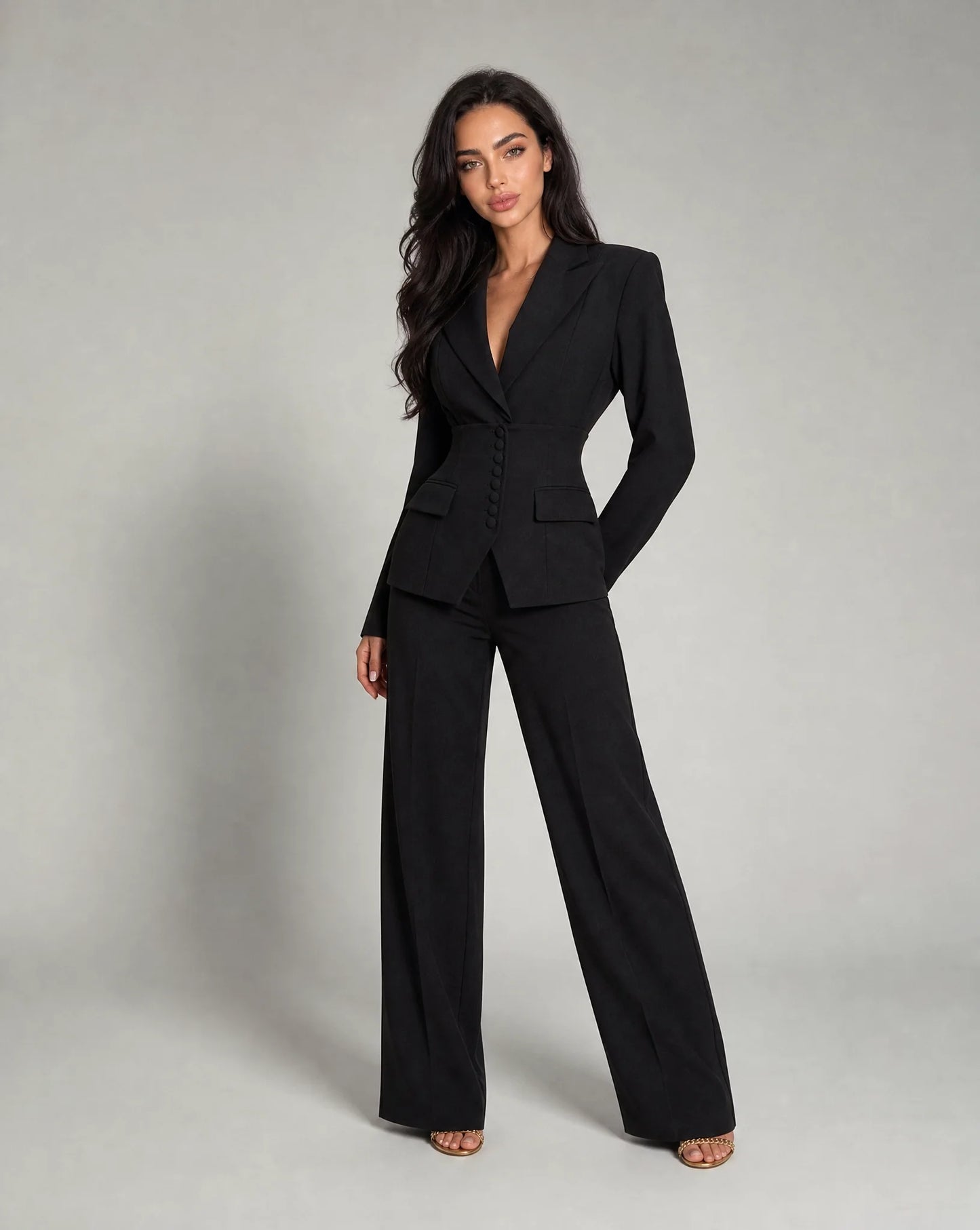 Black tailored two piece wide leg suit with fitted blazer and timeless formalwear styling by ILYNORA