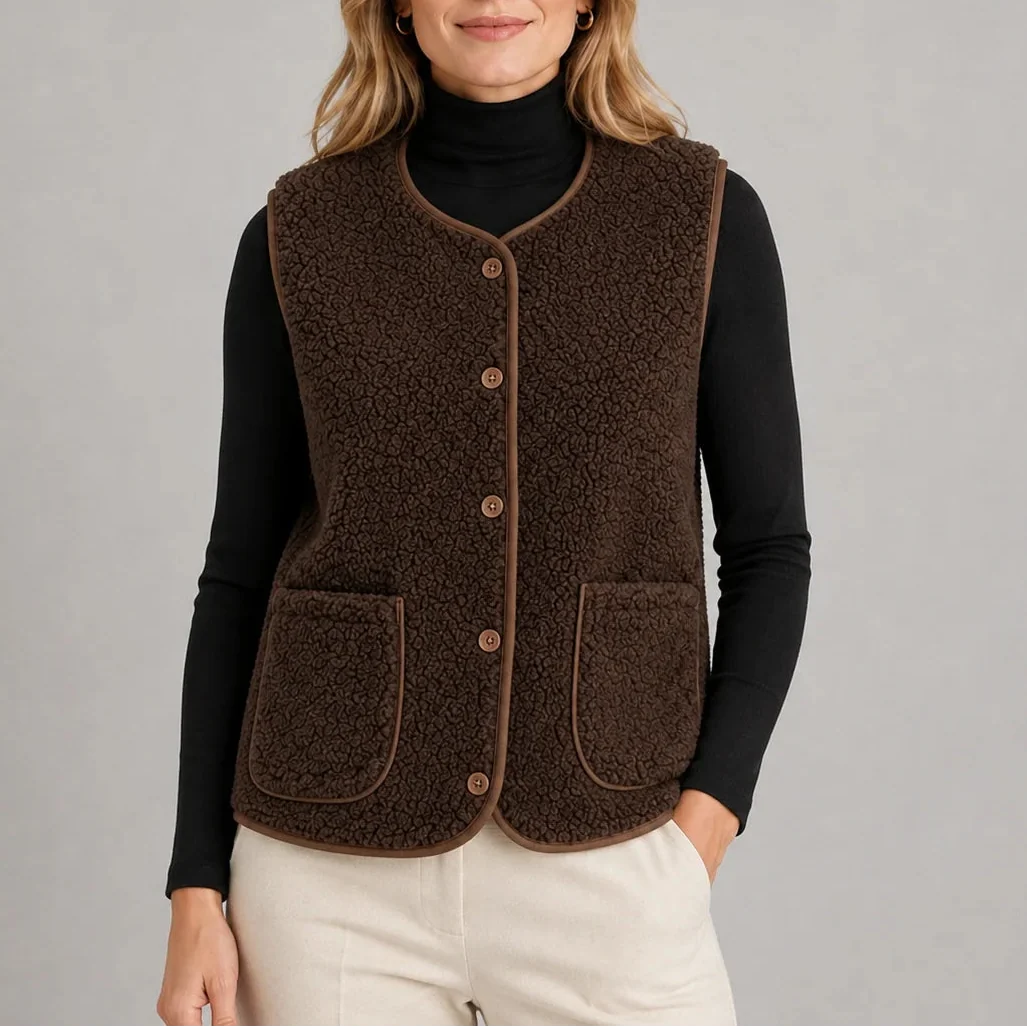 Women's Teddy Fleece Button Up Gilet with Pockets