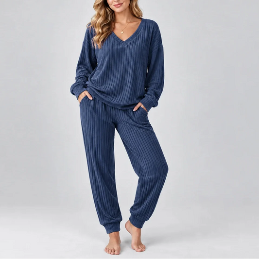 Women's V Neck Long Sleeve Ribbed Lounge Co Ord Set