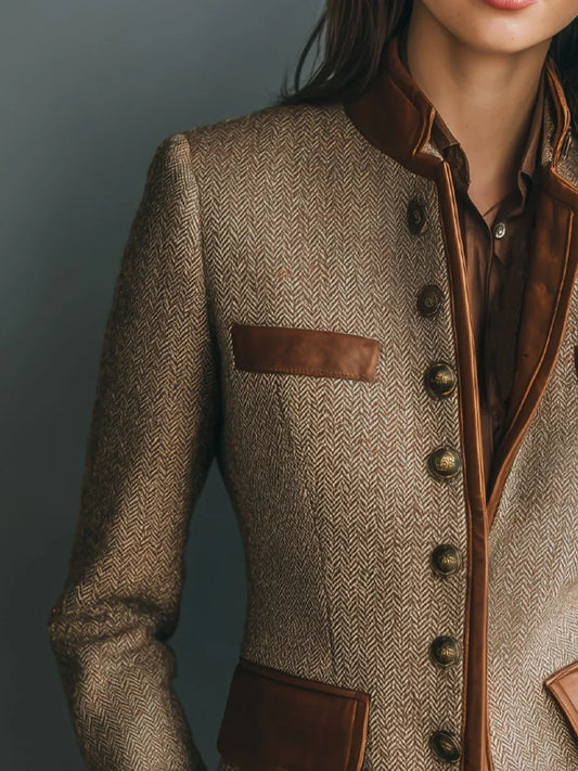 Women's Vintage Herringbone Tweed Jacket with Faux Leather Trim
